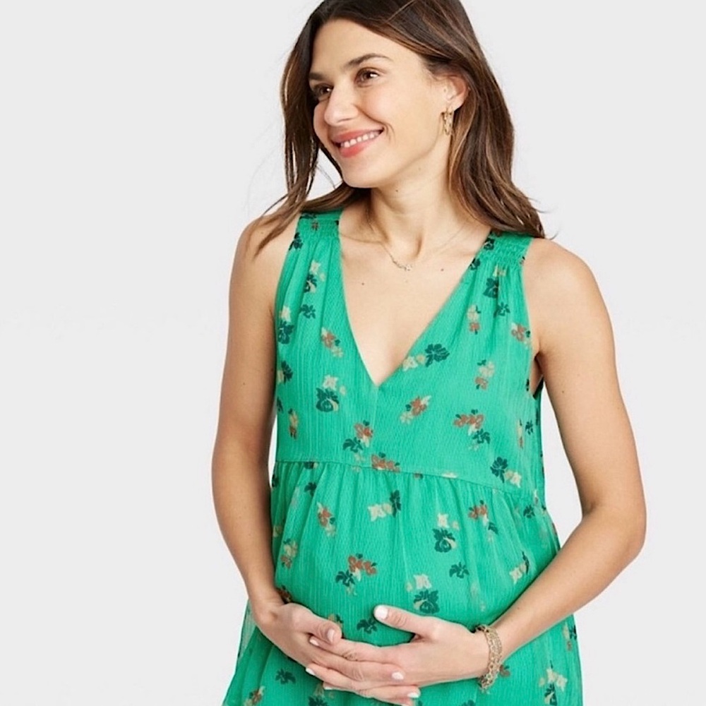 Hatch The Nines Green Floral Sleeveless Smocked Shoulder Blouse
